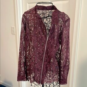 Burgundy Lace Zip-Up Blouse